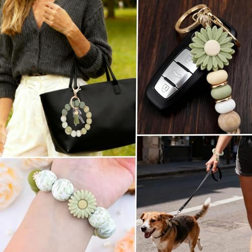Qubusm 2PCS Bracelet Key Ring Set, Cute Car Key chain Wristlet, Silicone Beaded Bangle keyChains for Women Girls (Light Green) - Image 4