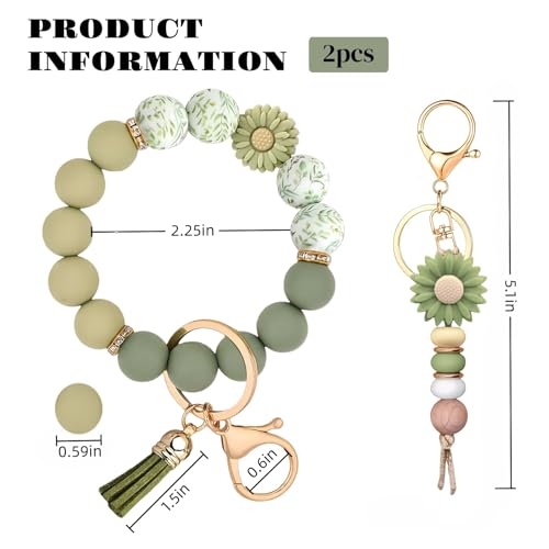 Qubusm 2PCS Bracelet Key Ring Set, Cute Car Key chain Wristlet, Silicone Beaded Bangle keyChains for Women Girls (Light Green) - Image 5