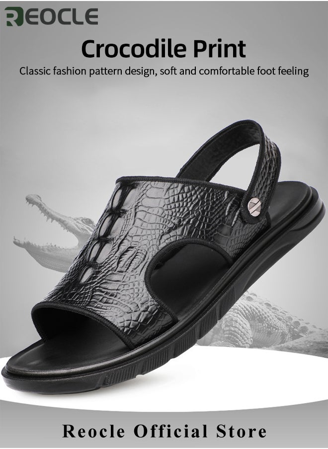 REOCLE - Men's Classic Sandals with Leather Crocodile Pattern & Cushioned Thick Sole Non Slip Hiking Sandals for Beach & Swimming Pool & Water Sports & Walking - Image 1