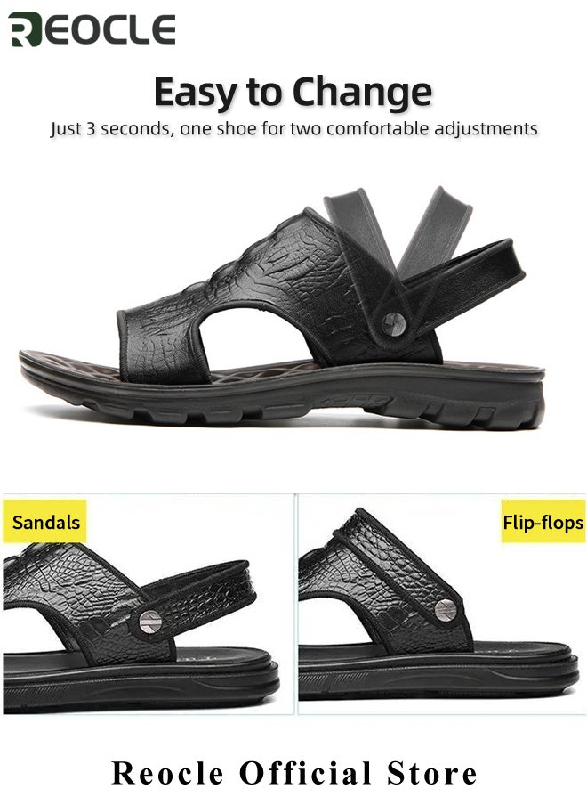 REOCLE - Men's Classic Sandals with Leather Crocodile Pattern & Cushioned Thick Sole Non Slip Hiking Sandals for Beach & Swimming Pool & Water Sports & Walking - Image 1
