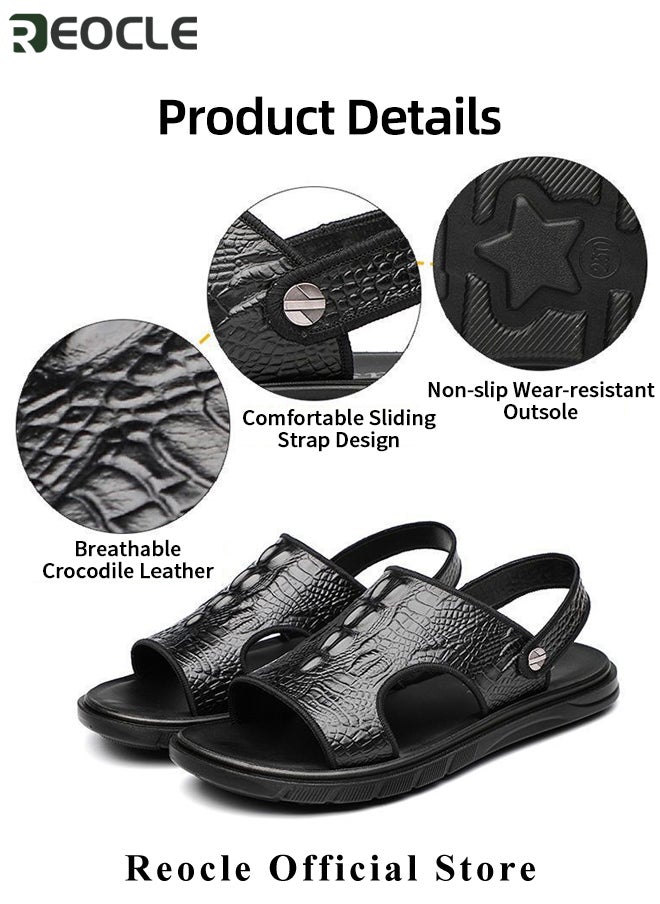 REOCLE - Men's Classic Sandals with Leather Crocodile Pattern & Cushioned Thick Sole Non Slip Hiking Sandals for Beach & Swimming Pool & Water Sports & Walking - Image 1
