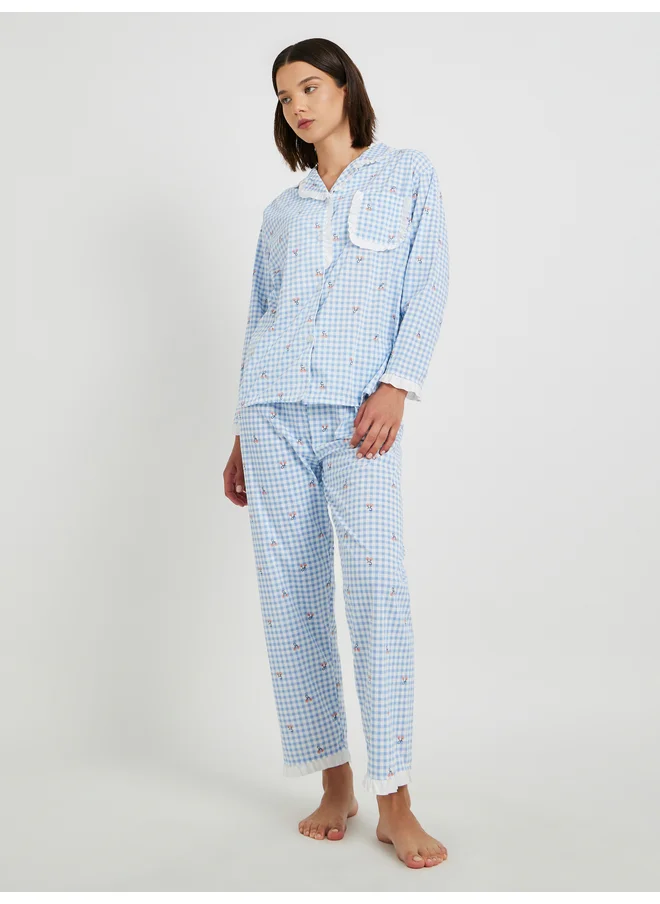 تايك تو Take Two Checked Lace Trim Shirt and Pyjama Set