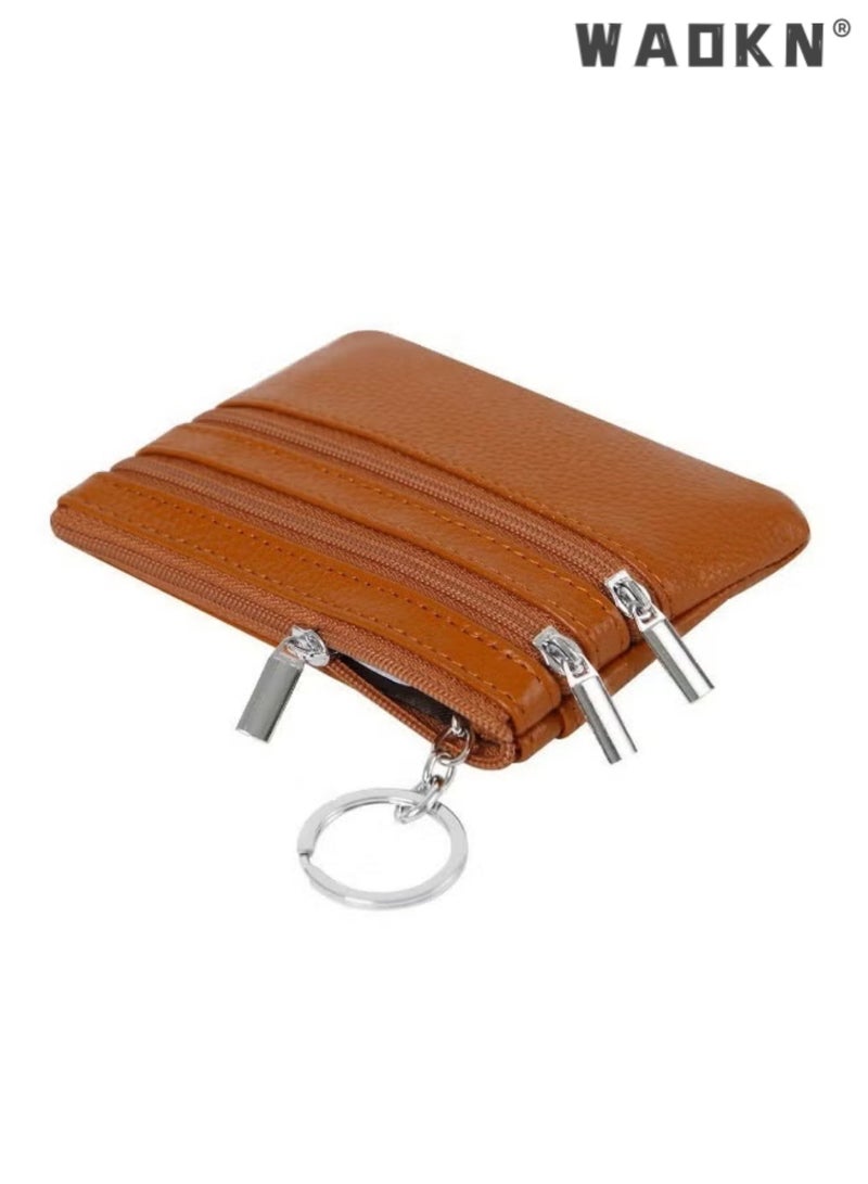 WAOKN Women Ladies Genuine Top Grain Cowhide Leather Mini Wallet, Unisex Zipper Coin Purse with Key Ring, Portable Slim 1-Fold Card Holder for Keys Credit Cards Driver License, Exquisite Stitching Urban Style, brown - Image 5