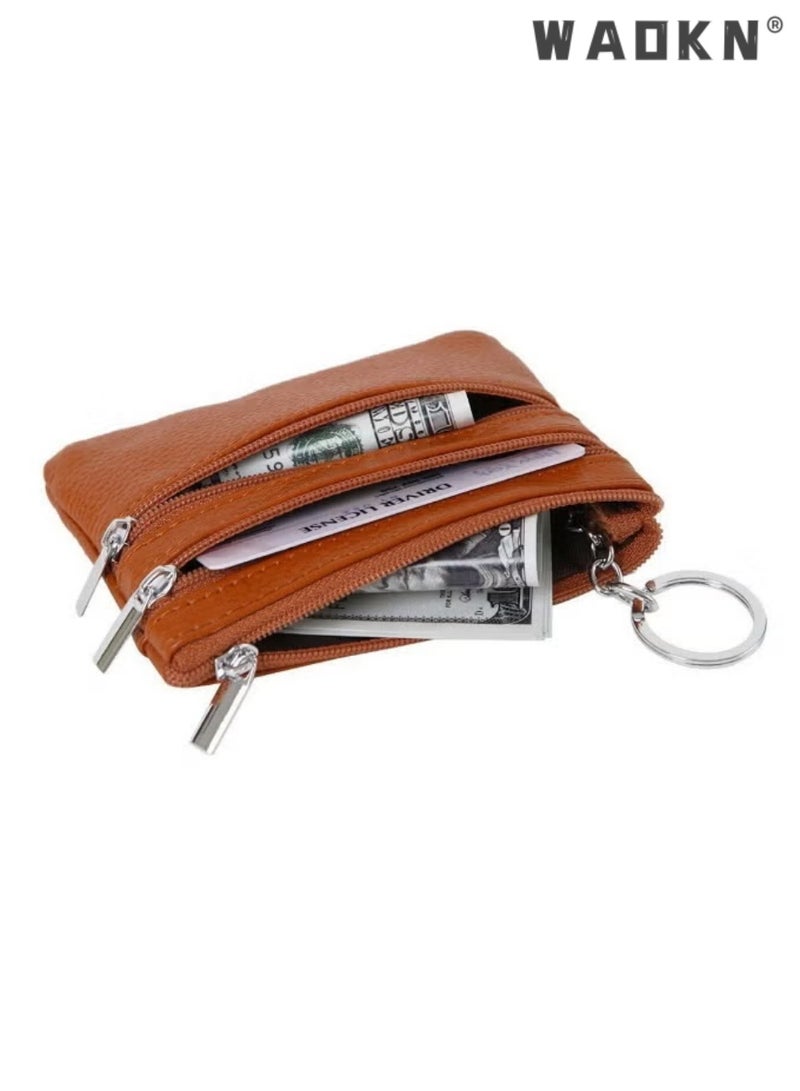 WAOKN Women Ladies Genuine Top Grain Cowhide Leather Mini Wallet, Unisex Zipper Coin Purse with Key Ring, Portable Slim 1-Fold Card Holder for Keys Credit Cards Driver License, Exquisite Stitching Urban Style, brown - Image 3