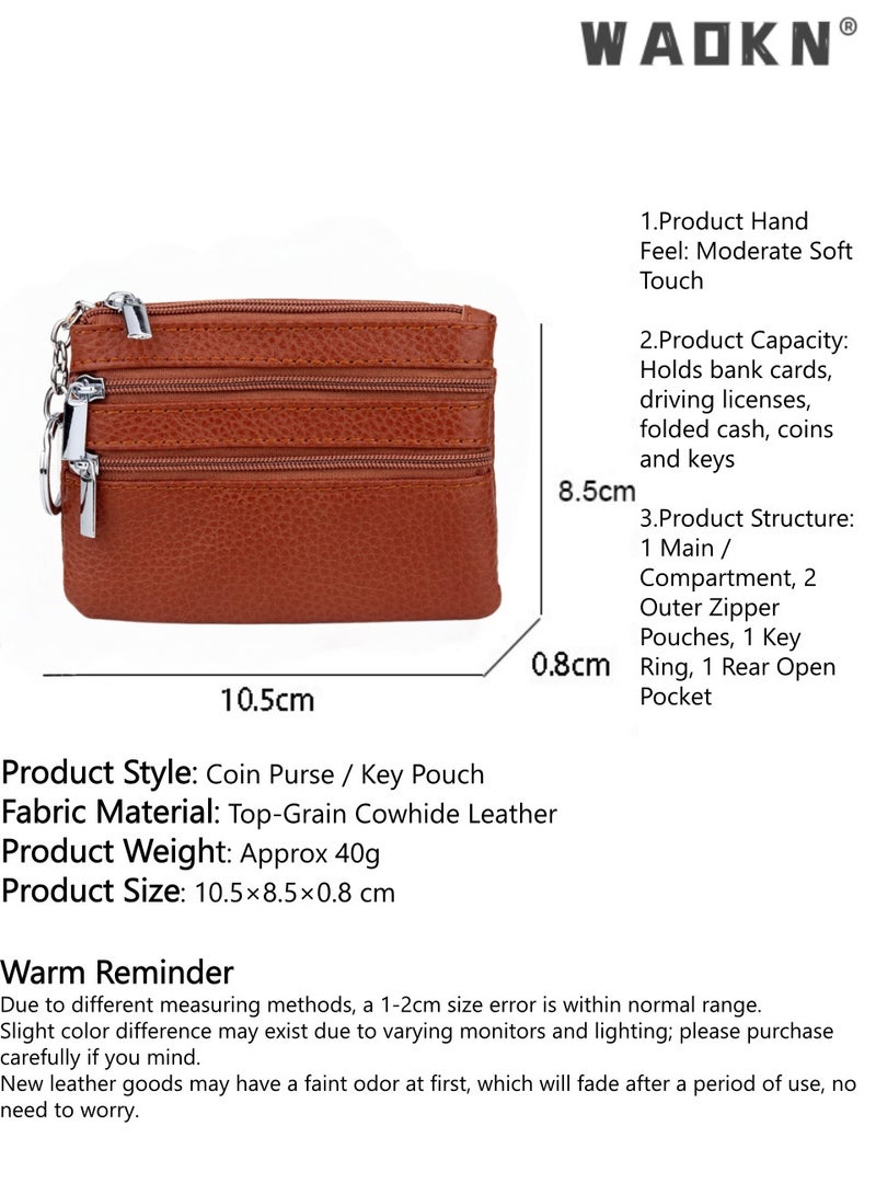 WAOKN Women Ladies Genuine Top Grain Cowhide Leather Mini Wallet, Unisex Zipper Coin Purse with Key Ring, Portable Slim 1-Fold Card Holder for Keys Credit Cards Driver License, Exquisite Stitching Urban Style, brown - Image 4