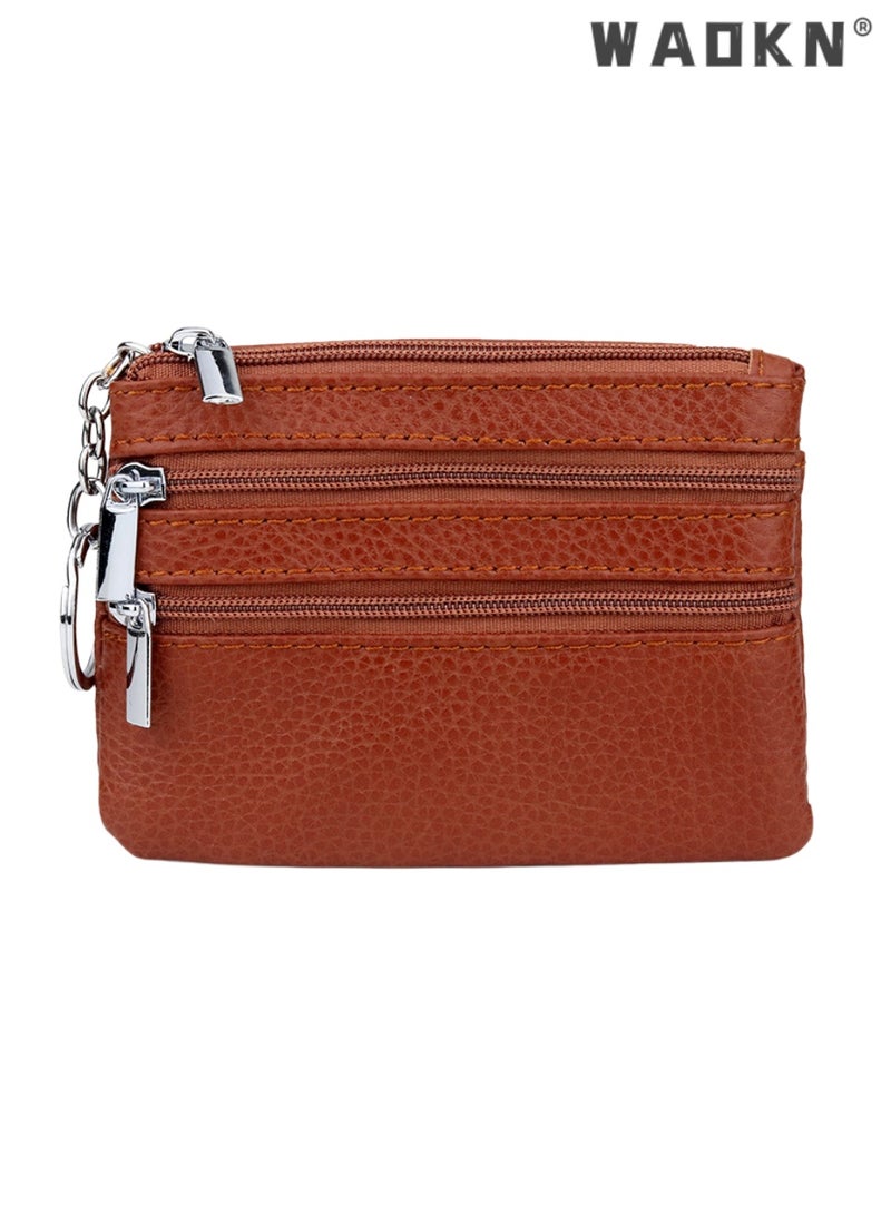 WAOKN Women Ladies Genuine Top Grain Cowhide Leather Mini Wallet, Unisex Zipper Coin Purse with Key Ring, Portable Slim 1-Fold Card Holder for Keys Credit Cards Driver License, Exquisite Stitching Urban Style, brown - Image 1