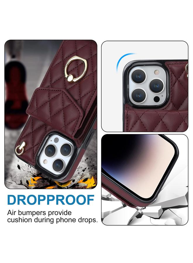 S-TOP Case For iPhone 13 Pro Rhombic Texture Card Bag Phone Case with Long Lanyard - Image 3