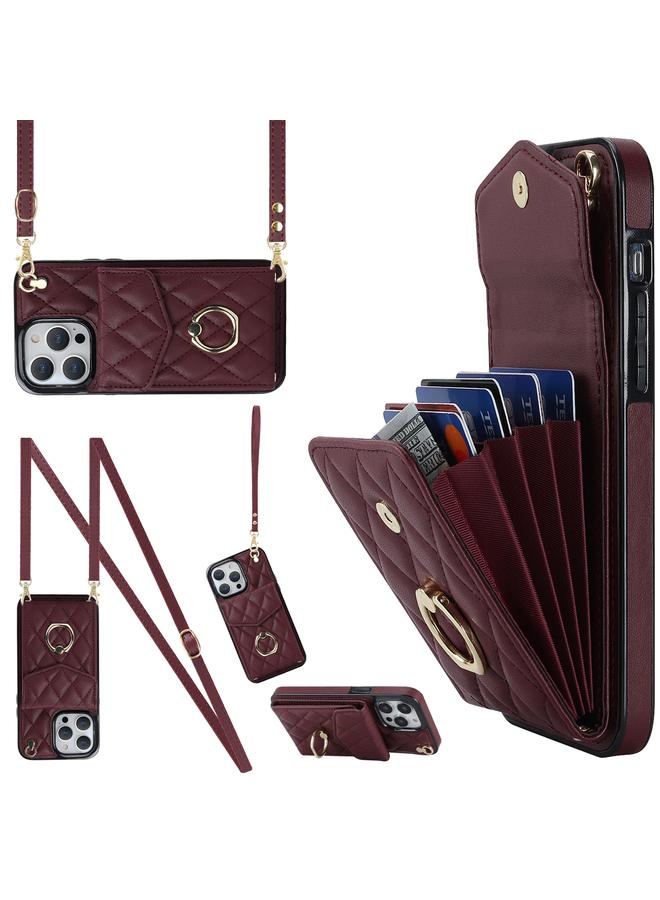 S-TOP Case For iPhone 13 Pro Rhombic Texture Card Bag Phone Case with Long Lanyard - Image 1