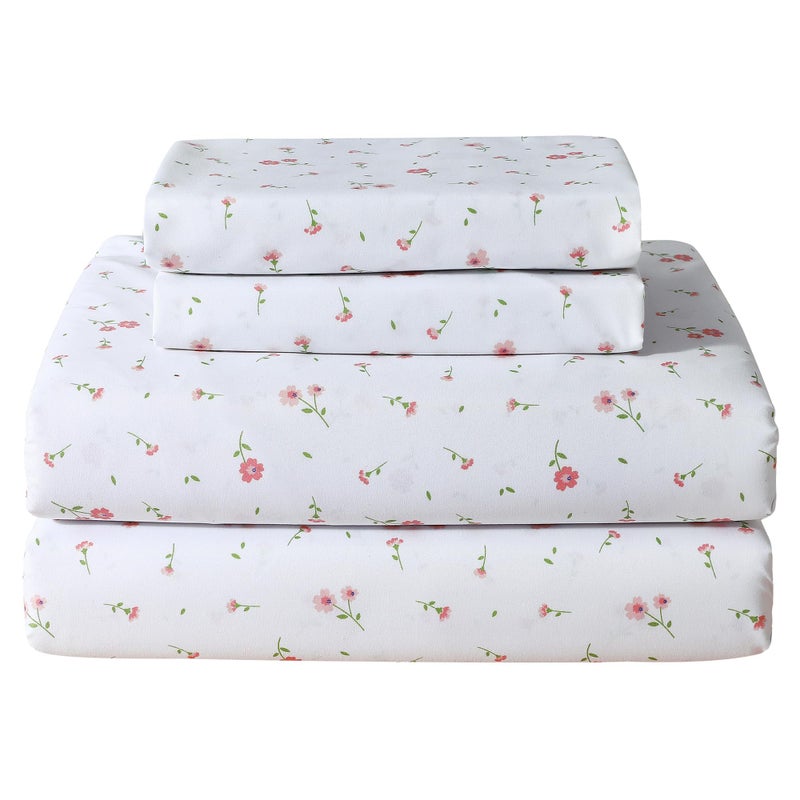 Softan Pink Floral Twin Size Sheet Set, 3 Pieces Single Bed Sheets for Girls, Breathable Microfiber Fitted Sheet with 15" Deep Pockets & Non-Slip Straps, Pink Flower Summer Cooling Sheets - Image 1