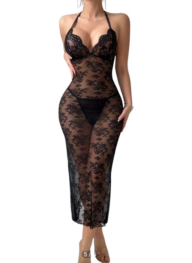 Sheer Tulle Long Nightgown with Lace - Sexy Lingerie with Open Back and Back Slit Decorated with Elegant Lace at the Back - Image 1