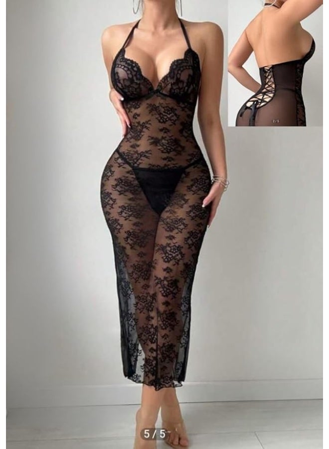Sheer Tulle Long Nightgown with Lace - Sexy Lingerie with Open Back and Back Slit Decorated with Elegant Lace at the Back - Image 2
