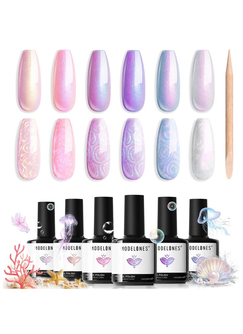modelones - Modelones Gel Nail Polish, 6 Colors Shimmer Pearl White Pink Purple Mermaid Nail Drawing Glitter Gel Polish with Dotting Pen Soak Off Led Nail Gel Polish Swirl Shell Thread Effect Easter DIY Mani Gift - Image 1