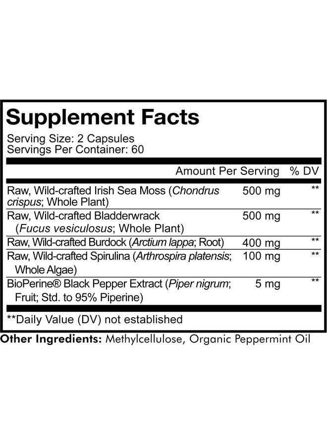 Codeage Raw Wildcrafted Irish Sea Moss Supplement Spirulina Algae Bladderwrack Seaweed Burdock Root Black Pepper Vegan Nongmo 120 Capsules - Image 3