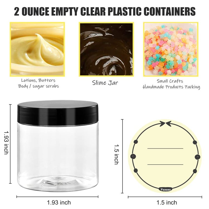 Tuzazo 2 Oz Small Plastic Container Jars With Lids And Labels Bpa Free Empty Round Clear Cosmetic Containers Plastic Slime Jars For Lotion Cream Ointments Samples Makeup Travel Storage (12 Pack) - Image 4
