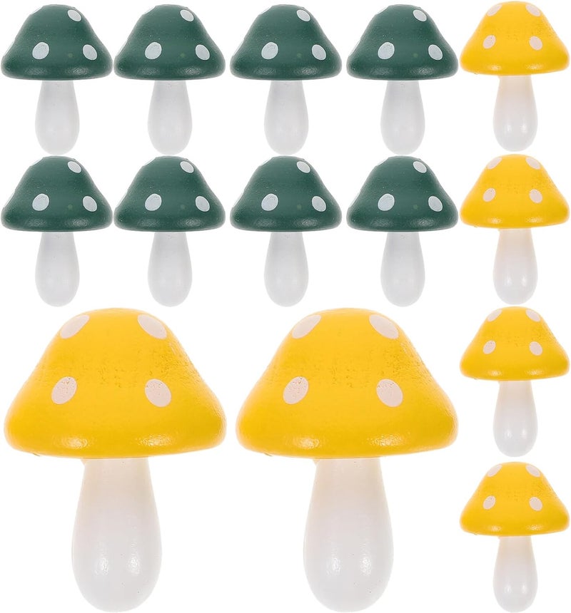 Kichvoe 20pcs Mini Mushroom Figurines for Bonsai Micro Landscape, Wooden Mushroom Statue Decor Set with Deep Green and Yellow Colors, Outdoor Garden Miniatures for DIY Terrarium and Fairy - Image 1