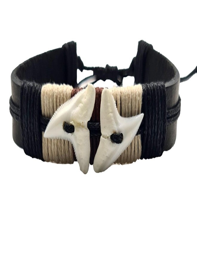 Swimmi Genuine Mako Shark Tooth Bracelet for Men Women, Handmade Leather Bracelet Surfer Beach Jewelry EA386 - Image 1