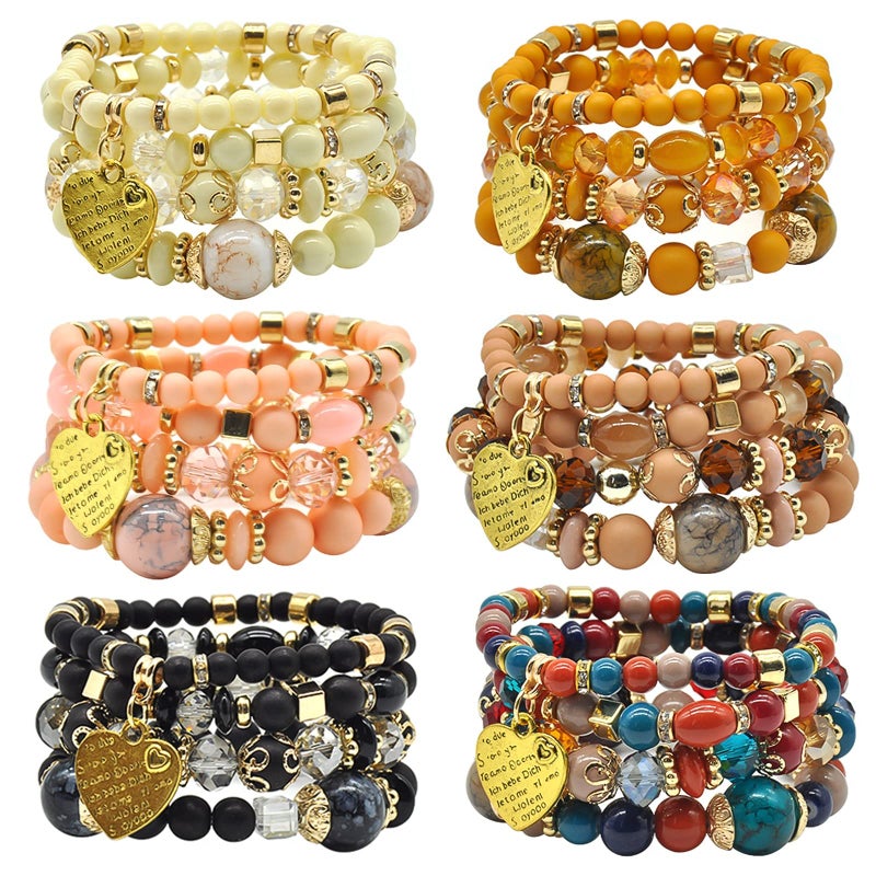 VONRU Bohemian Bracelet Sets for Women - 6 Sets Stackable Stretch Bracelets Multi-color Boho Jewelry for Women Hippie Bracelets Dainty Jewelry Best Friend Gift (Stackable bracelets with heart charm) - Image 1