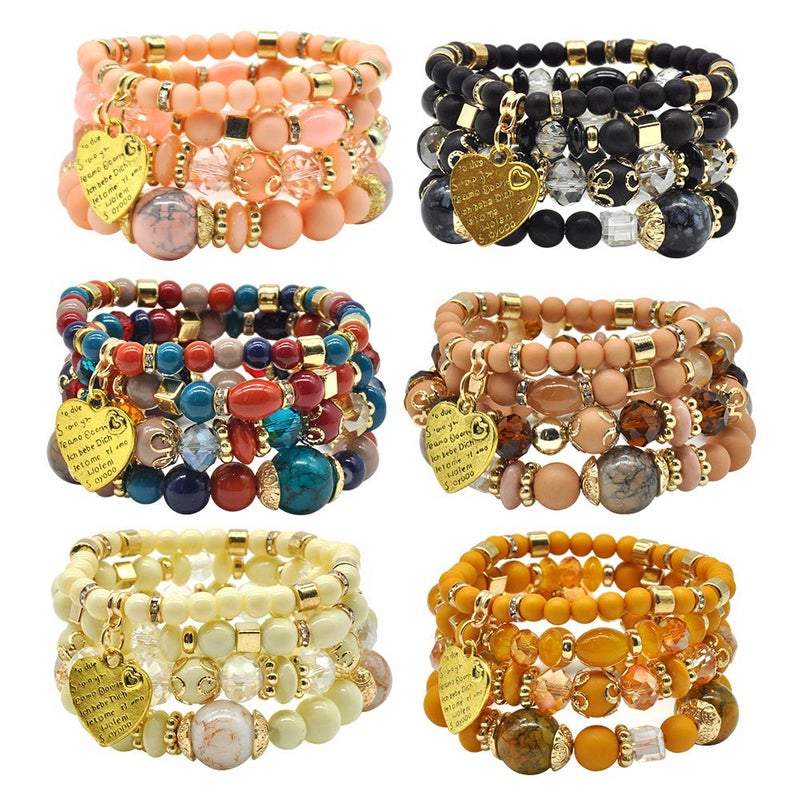 VONRU Bohemian Bracelet Sets for Women - 6 Sets Stackable Stretch Bracelets Multi-color Boho Jewelry for Women Hippie Bracelets Dainty Jewelry Best Friend Gift (Stackable bracelets with heart charm) - Image 2