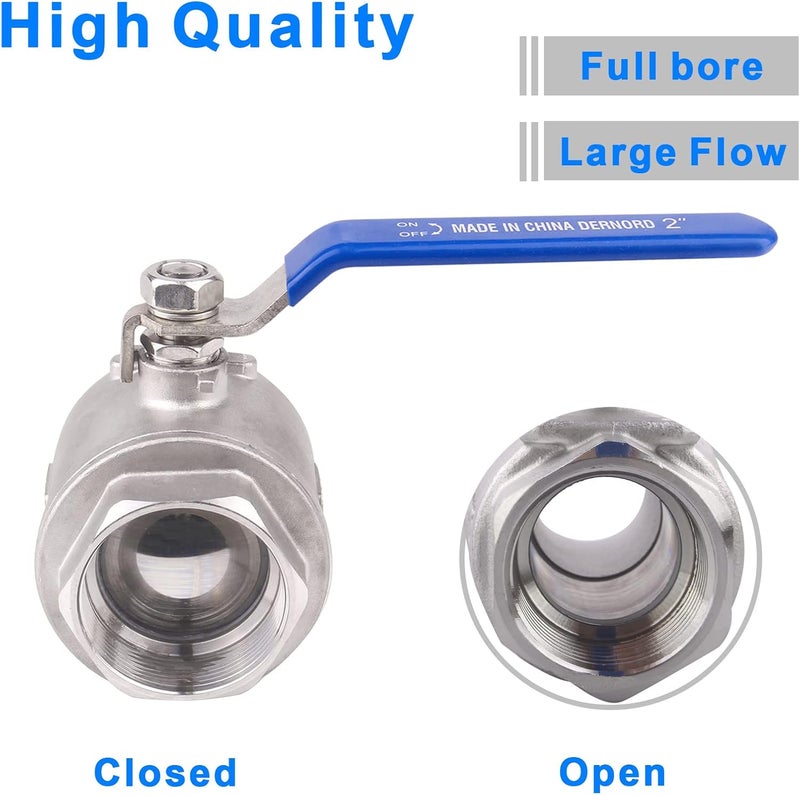 DERNORD Full Port Ball Valve Stainless Steel 304 Heavy Duty for Water, Oil, and Gas with Blue Locking Handles (2" NPT) - Image 4