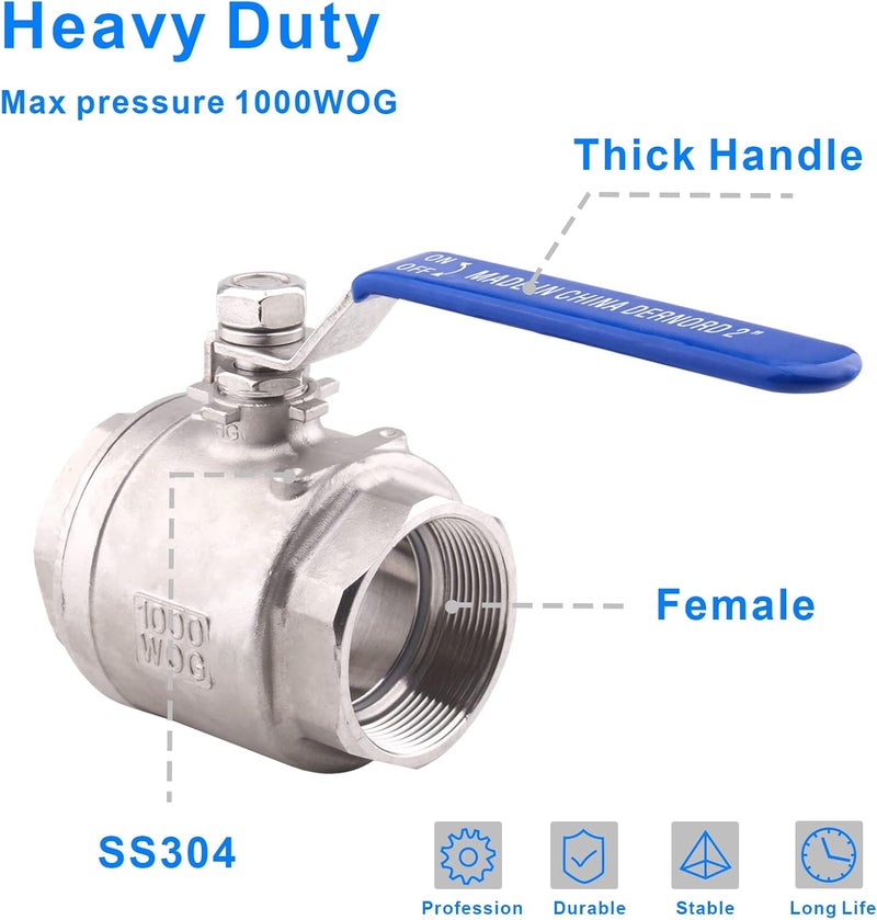 DERNORD Full Port Ball Valve Stainless Steel 304 Heavy Duty for Water, Oil, and Gas with Blue Locking Handles (2" NPT) - Image 5