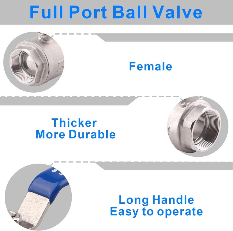 DERNORD Full Port Ball Valve Stainless Steel 304 Heavy Duty for Water, Oil, and Gas with Blue Locking Handles (2" NPT) - Image 2