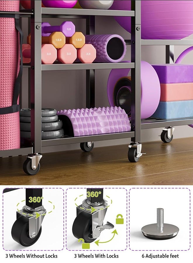 Uptyia 6-Tier Home Gym Storage Rack with Wheels, Dumbbell Weight Rack and Yoga Mat Organizer, Multi-Purpose Gym Equipment Storage Stand for Home Gym Accessories - Image 5