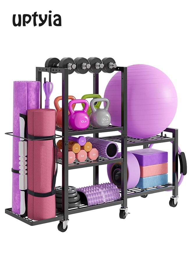 Uptyia 6-Tier Home Gym Storage Rack with Wheels, Dumbbell Weight Rack and Yoga Mat Organizer, Multi-Purpose Gym Equipment Storage Stand for Home Gym Accessories - Image 1