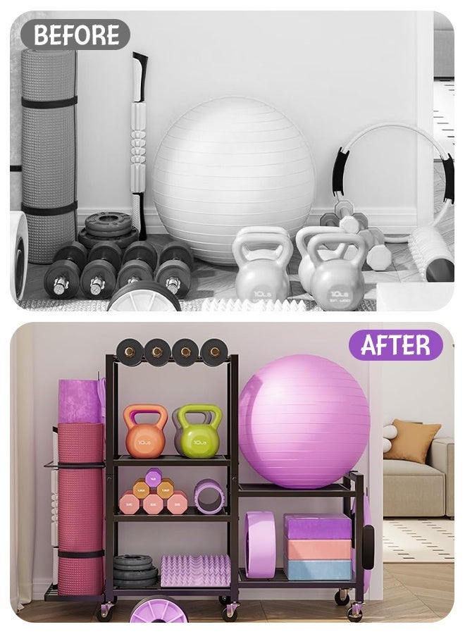 Uptyia 6-Tier Home Gym Storage Rack with Wheels, Dumbbell Weight Rack and Yoga Mat Organizer, Multi-Purpose Gym Equipment Storage Stand for Home Gym Accessories - Image 3
