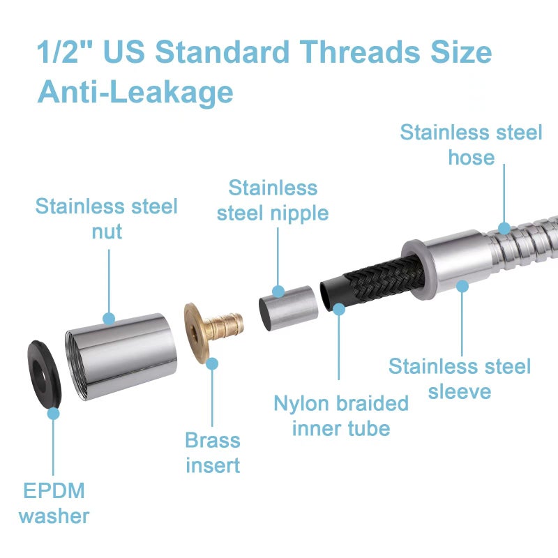 OFFO Shower Hose, 48 Inch Bidet Hose High Pressure Explosion Proof Toilet Hose for Bidet Sprayer Stainless Steel Electroplating Handheld Shower Hose Flex Hoses with Woven Inner Tube, Chrome - Image 4