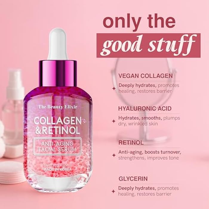 The Beauty Elixir Collagen & Retinol Serum For Face - Ultra Hydrating, Restores, Smooths & Reduces Wrinkles - Dermatologist Tested, Natural Ingredients, Clean Beauty - Korean Skin Care - 1.69 Fl. Oz - Image 4