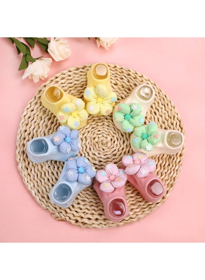 KEAINVRN 4Packs Baby Girls Socks,Flower Non-Slip Grips for Babies Toddler Princess Low Cut Ankle Socks for Girls, Yellow Pink White Bule, 0-6 Months - Image 3