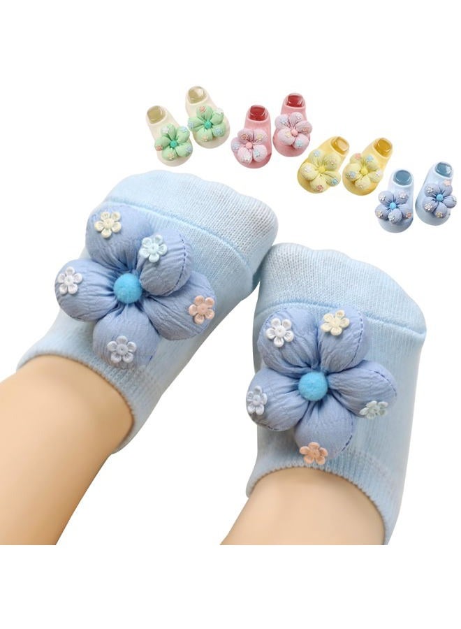 KEAINVRN 4Packs Baby Girls Socks,Flower Non-Slip Grips for Babies Toddler Princess Low Cut Ankle Socks for Girls, Yellow Pink White Bule, 0-6 Months - Image 1