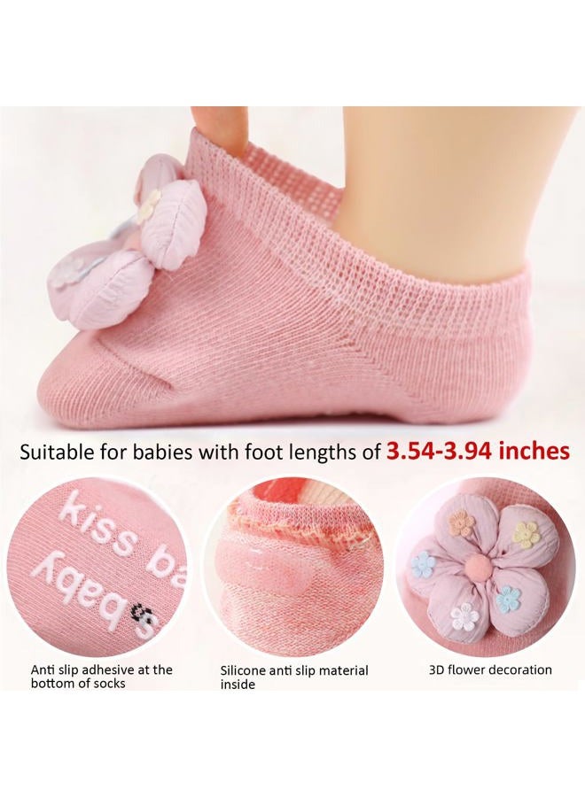 KEAINVRN 4Packs Baby Girls Socks,Flower Non-Slip Grips for Babies Toddler Princess Low Cut Ankle Socks for Girls, Yellow Pink White Bule, 0-6 Months - Image 4