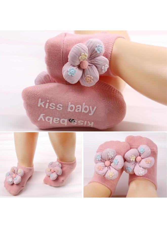KEAINVRN 4Packs Baby Girls Socks,Flower Non-Slip Grips for Babies Toddler Princess Low Cut Ankle Socks for Girls, Yellow Pink White Bule, 0-6 Months - Image 2