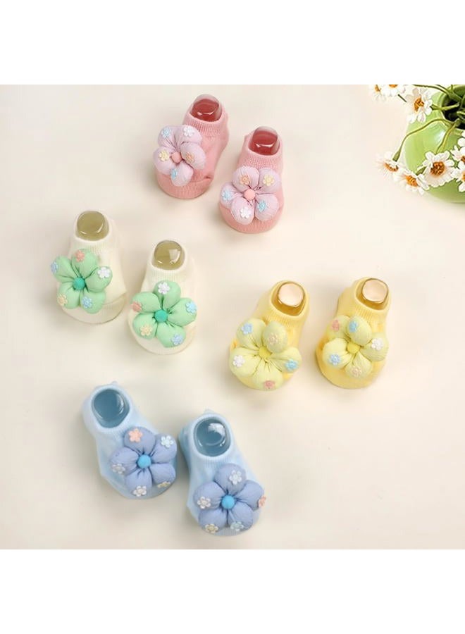 KEAINVRN 4Packs Baby Girls Socks,Flower Non-Slip Grips for Babies Toddler Princess Low Cut Ankle Socks for Girls, Yellow Pink White Bule, 0-6 Months - Image 5