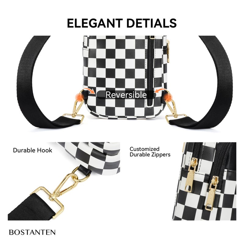 BOSTANTEN Sling Bag Checkered Crossbody Bags for Women Cross Body Purse Leather Fanny Pack with Adjustable Guitar Strap - Image 4
