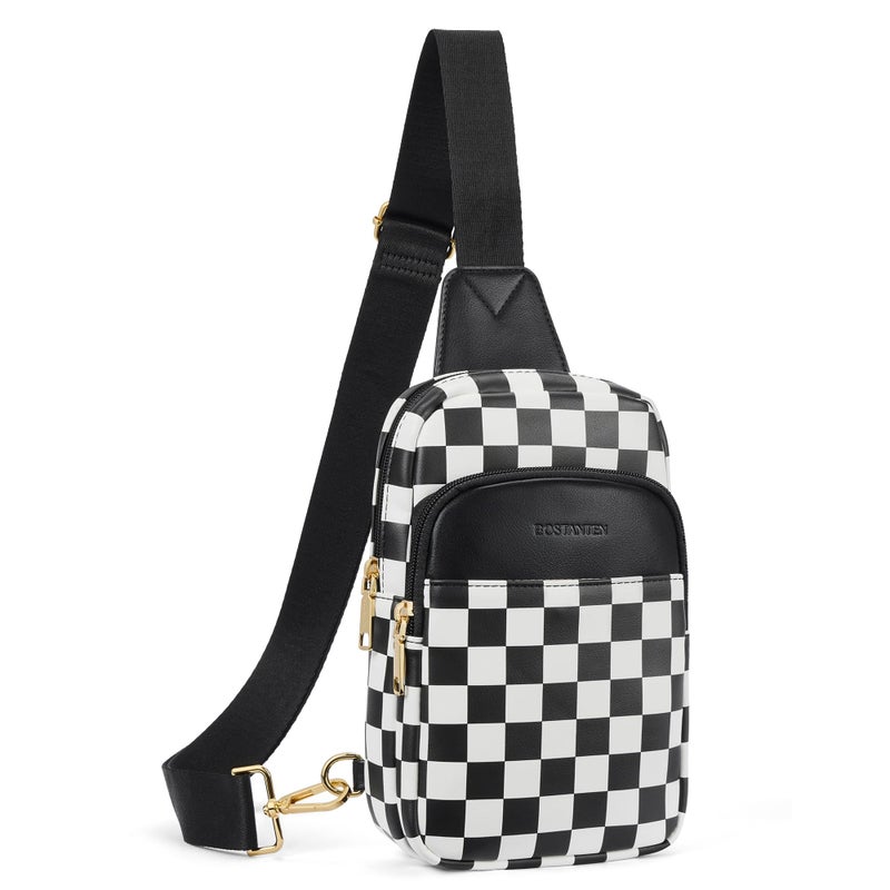 BOSTANTEN Sling Bag Checkered Crossbody Bags for Women Cross Body Purse Leather Fanny Pack with Adjustable Guitar Strap - Image 1