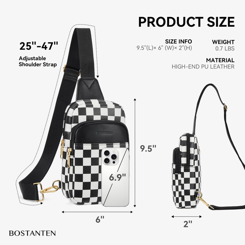 BOSTANTEN Sling Bag Checkered Crossbody Bags for Women Cross Body Purse Leather Fanny Pack with Adjustable Guitar Strap - Image 2
