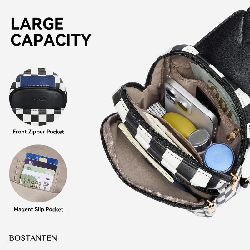 BOSTANTEN Sling Bag Checkered Crossbody Bags for Women Cross Body Purse Leather Fanny Pack with Adjustable Guitar Strap - Image 3