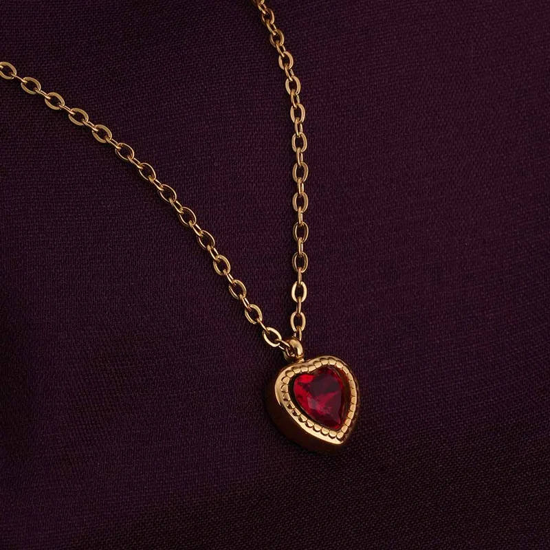 بالموناس PALMONAS 18k Gold Tone Plated Red Emerald Heart Pendant Necklace
 for Women