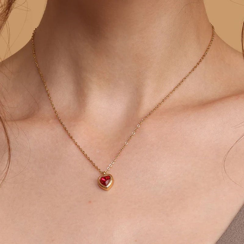 PALMONAS 18k Gold Tone Plated Red Emerald Heart Pendant Necklace
 for Women - Image 5