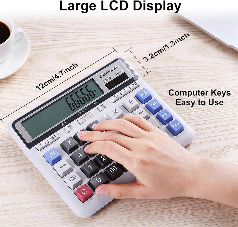 COMIX Desktop Calculator Solar Battery Dual Power with 12-Digit Large LCD Display and Large Computer Keys Standard Function Calculator for Home Office School, White - Image 5
