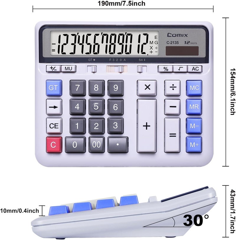 COMIX Desktop Calculator Solar Battery Dual Power with 12-Digit Large LCD Display and Large Computer Keys Standard Function Calculator for Home Office School, White - Image 3