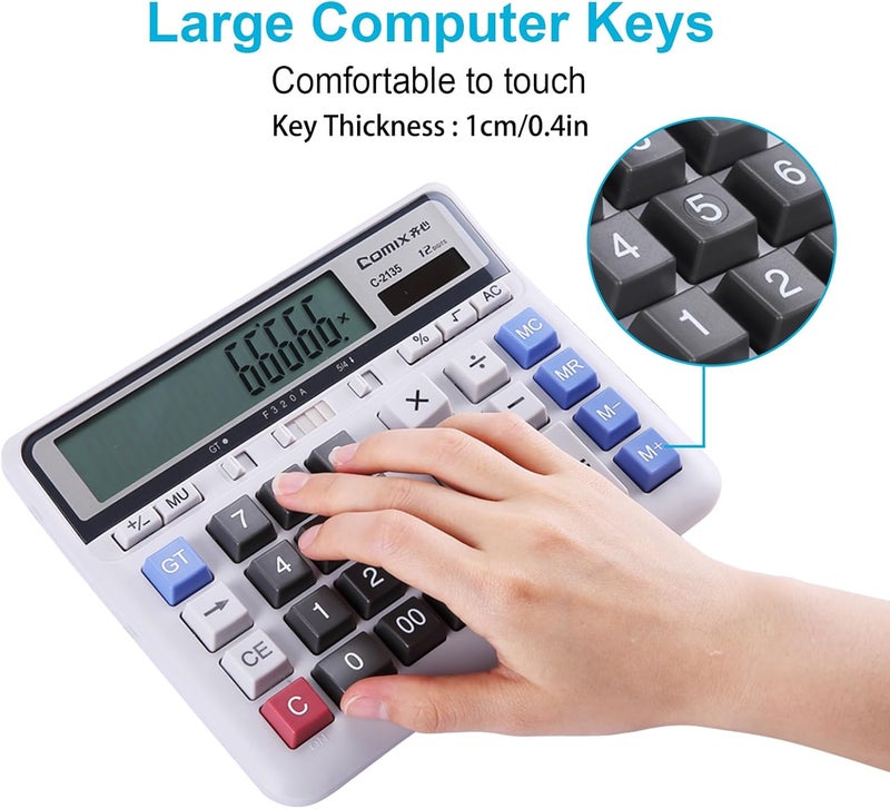 COMIX Desktop Calculator Solar Battery Dual Power with 12-Digit Large LCD Display and Large Computer Keys Standard Function Calculator for Home Office School, White - Image 4