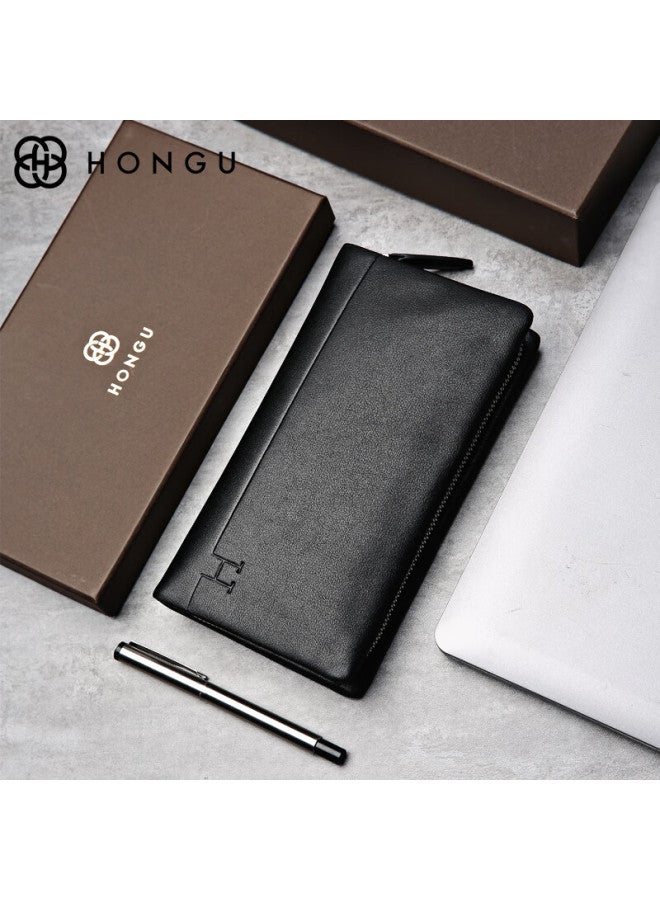 Hongu حقيبة يد جلدية هونغغو، جلد بقري عالي الجودة، حقيبة كلاتش للرجال، محفظة طويلة، حقيبة قفل للرجال، مجموعة علبة هدايا، هدية قيس لعيد الحب للرجال - Image 1