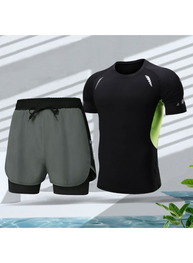 إسكدنيا ملابس سباحة رجالية مضادة للإحراج بطبقة مزدوجة سريعة الجفاف مجموعة ملابس سباحة هوت سبرينغز احترافية مبطنة للسباحة فضفاضة للأولاد - اللون: رمادي أخضر قطعتين 【السباحة على الشاطئ】】 - - Image 1