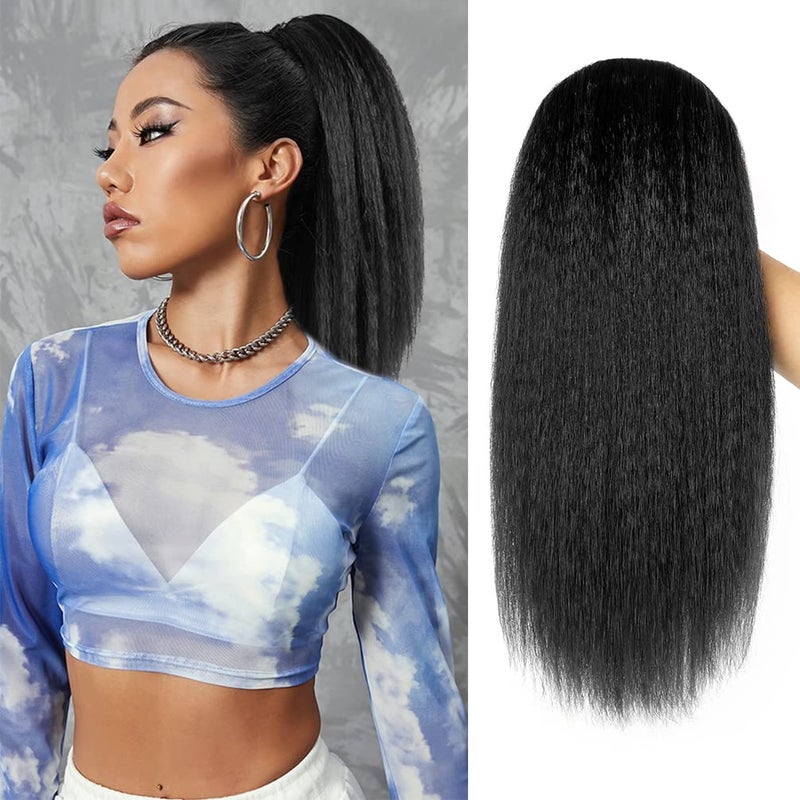 MODSIGHT Yaki Straight Ponytail Extension for Black Women, 14 Inch Black Fluffy Thick Synthetic Yaki Ponytails, Drawstring Yaki Ponytail for Black Women Girls (Natural Black 1B) - Image 1