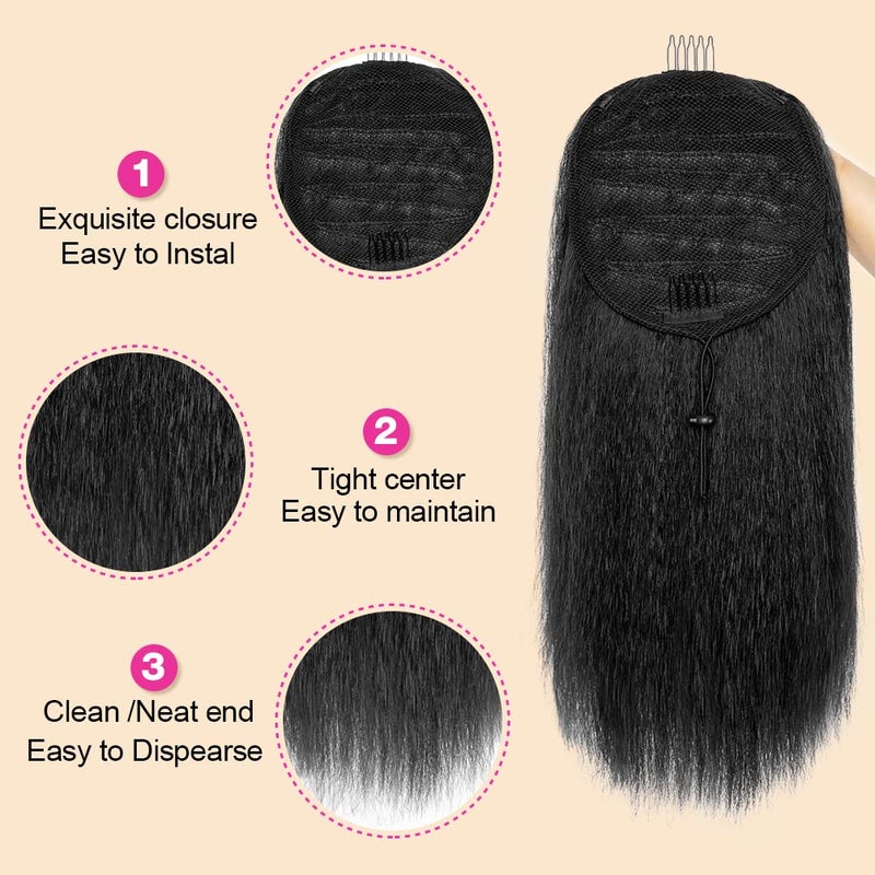 MODSIGHT Yaki Straight Ponytail Extension for Black Women, 14 Inch Black Fluffy Thick Synthetic Yaki Ponytails, Drawstring Yaki Ponytail for Black Women Girls (Natural Black 1B) - Image 4