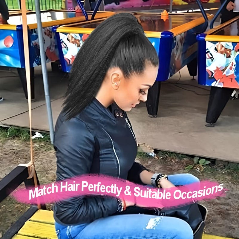 MODSIGHT Yaki Straight Ponytail Extension for Black Women, 14 Inch Black Fluffy Thick Synthetic Yaki Ponytails, Drawstring Yaki Ponytail for Black Women Girls (Natural Black 1B) - Image 2