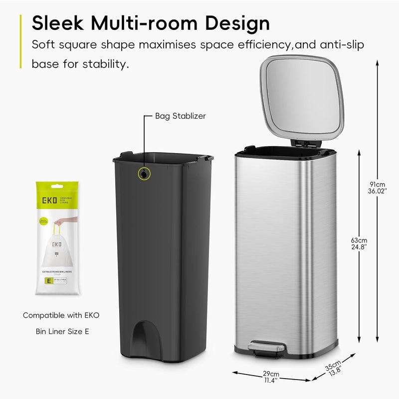 EKO 30L Square Step Bin Stella - Silver | Large Pedal Bin with Soft-Close Lid | Fingerprint-Resistant Finish | Removable Inner Liner - Image 2
